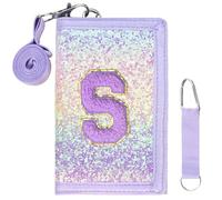 SiorVeol Girls Wallet for Kids Initial Glitter Wallets Trifold with Zipper and Card Slots Including Neck Lanyard and Hanging Strap, Pink Purple, 3x5 inch
