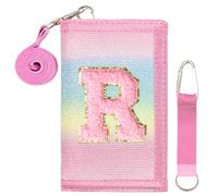 SiorVeol Girls Wallet for Kids Initial Glitter Wallets Trifold with Zipper and Card Slots Including Neck Lanyard and Hanging Strap, Rainbow with Stripes, R