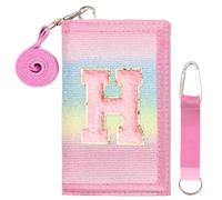 SiorVeol Girls Wallet for Kids Initial Glitter Wallets Trifold with Zipper and Card Slots Including Neck Lanyard and Hanging Strap, Rainbow with Stripes, H