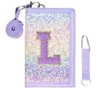 SiorVeol Girls Wallet for Kids Initial Glitter Wallets Trifold with Zipper and Card Slots Including Neck Lanyard and Hanging Strap, Pink Purple, L