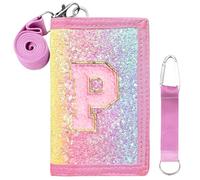 SiorVeol Girls Wallet for Kids Initial Glitter Wallets Trifold with Zipper and Card Slots Including Neck Lanyard and Hanging Strap, Vertical Rainbow, P