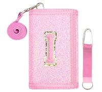 SiorVeol Kids Wallet Girls Trifold Initial Glitter Wallets with Zipper and Card Slots Including Neck Lanyard and Hanging Strap, Pink, I