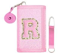 SiorVeol Kids Wallet Girls Trifold Initial Glitter Wallets with Zipper and Card Slots Including Neck Lanyard and Hanging Strap, Pink, R