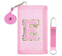SiorVeol Kids Wallet Girls Trifold Initial Glitter Wallets with Zipper and Card Slots Including Neck Lanyard and Hanging Strap, Pink, E