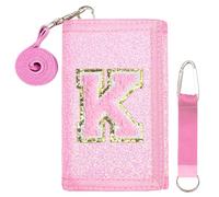 SiorVeol Kids Wallet Girls Trifold Initial Glitter Wallets with Zipper and Card Slots Including Neck Lanyard and Hanging Strap, Pink, K
