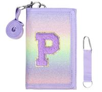 SiorVeol Kids Wallet Girls Trifold Initial Glitter Wallets with Zipper and Card Slots Including Neck Lanyard and Hanging Strap, Blue Purple, P
