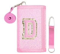 SiorVeol Kids Wallet Girls Trifold Initial Glitter Wallets with Zipper and Card Slots Including Neck Lanyard and Hanging Strap, Pink, D