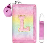 SiorVeol Kids Wallet Girls Trifold Initial Glitter Wallets with Zipper and Card Slots Including Neck Lanyard and Hanging Strap, Rainbow, L
