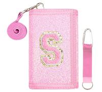 SiorVeol Kids Wallet Girls Trifold Initial Glitter Wallets with Zipper and Card Slots Including Neck Lanyard and Hanging Strap, Pink, S