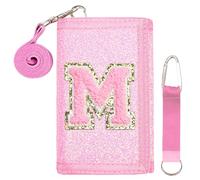 SiorVeol Kids Wallet Girls Trifold Initial Glitter Wallets with Zipper and Card Slots Including Neck Lanyard and Hanging Strap, Pink, M