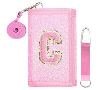 SiorVeol Kids Wallet Girls Trifold Initial Glitter Wallets with Zipper and Card Slots Including Neck Lanyard and Hanging Strap, Pink, C