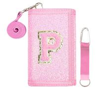 SiorVeol Kids Wallet Girls Trifold Initial Glitter Wallets with Zipper and Card Slots Including Neck Lanyard and Hanging Strap, Pink, P