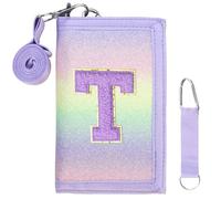 SiorVeol Kids Wallet Girls Trifold Initial Glitter Wallets with Zipper and Card Slots Including Neck Lanyard and Hanging Strap, Blue Purple, T