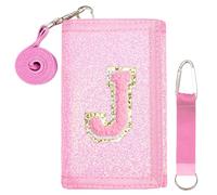 SiorVeol Kids Wallet Girls Trifold Initial Glitter Wallets with Zipper and Card Slots Including Neck Lanyard and Hanging Strap, Pink, J