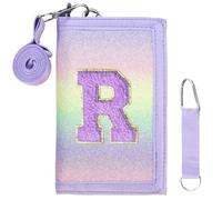 SiorVeol Kids Wallet Girls Trifold Initial Glitter Wallets with Zipper and Card Slots Including Neck Lanyard and Hanging Strap, Blue Purple, R