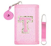 SiorVeol Kids Wallet Girls Trifold Initial Glitter Wallets with Zipper and Card Slots Including Neck Lanyard and Hanging Strap, Pink, T