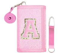 SiorVeol Kids Wallet Girls Trifold Initial Glitter Wallets with Zipper and Card Slots Including Neck Lanyard and Hanging Strap, Pink, A