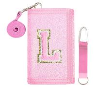 SiorVeol Kids Wallet Girls Trifold Initial Glitter Wallets with Zipper and Card Slots Including Neck Lanyard and Hanging Strap, Pink, L