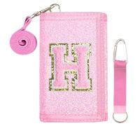 SiorVeol Kids Wallet Girls Trifold Initial Glitter Wallets with Zipper and Card Slots Including Neck Lanyard and Hanging Strap, Pink, H