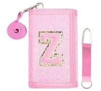 SiorVeol Kids Wallet Girls Trifold Initial Glitter Wallets with Zipper and Card Slots Including Neck Lanyard and Hanging Strap, Pink, Z