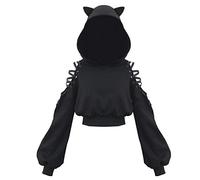 SIPEIEN Women Cat Ears Hoodie Gothic Long Sleeve Sweatshirt Cute Hollow Out Tops Blouse Crop Top Pullover Black L