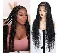 Siphis Boho Braided Wig 30 "360° HD Full Single-layer Lace Braided Wigs for Black Women Square Knotless Braid Wig with Baby Hair Handmade Synthetic Hair Blended Lace Front Natural Black
