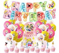 Siphus Sailor Moon Birthday Decoration Pack, 18 Balloons, 10 Cupcake Toppers, 1 Cake Decoration, 1 Banner, 1 Ribbon Roll, Air or Helium Fill, Solid, Letter Print, Cartoon, Rubber, Style a