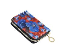 siphylline Blue Flowers Red leather card holder wallet With 9 cards slot RFID Blocking card holder with zipper