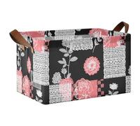 siphylline Boho Chic Plaid Flowers Pink Black Large Storage Boxes Baskets Home Organizers with Handles Sturdy Closet Organizer for Home, Office,Closet, Clothes, Toys Organizer