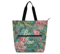 siphylline Book Tote Bag for Kids Women Men, Be Mine Floral Teal Peach Large Girls Resuable Shopping Bag Handbag with Zipper for School Shopping Travel