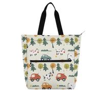 siphylline Books Tote Bags for Kids Boys Girls, Cute Cow on The Car Waterproof Heavy Duty Reusable Library Book Bag Grocery Bag for School Shopping Travel