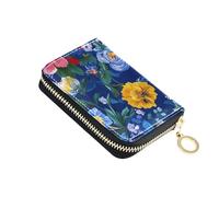 siphylline Florals Peonies Pansy Amaryllis Royal Blue leather card holder wallet for women With 2 cash slot RFID Blocking womens credit card holder with zipper