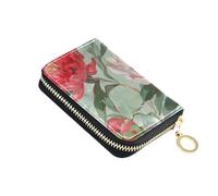 siphylline Gray-green Red Peonies leather womens credit card wallet With 9 cards slot RFID Blocking card holders with zipper