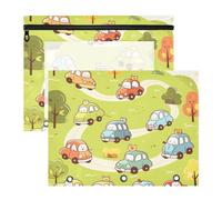 siphylline Pencil Bags Clear Window 3 Hole Punch for A4 Paper Letter 2 Pack Students Art Supplies Storage Cute Cartoon Cars Doodle Style
