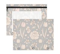 siphylline Pencil Box With Zipper 3 Hole Punch for A4 Paper Letter 2 Pack Teacher Class Lovely Flower Rose Gray Beige