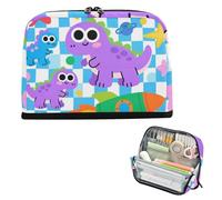 siphylline pencil poucheses Large Capacity Cosmetic Bag With Compartment Multi-Purpose Bag for Teens Preppy School Cute Cartoon Purple Dinosaur