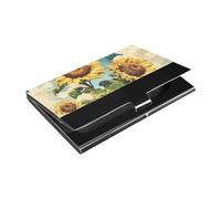 siphylline Sunflowers Oil Painting Yellow Ultra-thin business card holder organizer with Leather and Stainless Steel card organizer for Travel Home or Office Use