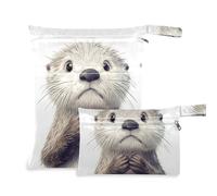siphylline zippered swim suit bags 2 Pack wet bag for swimsuit with handles for baby diapers, bathing Cartoon Funny Sea Otter Sorrow