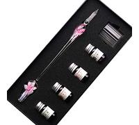 SIPLIV Handmade Crystal Glass Intarsia Dip Pen Fountain Pen Kit Calligraphy Signatures Pen with 4 Colors Ink, Pen Holder, Cleaning Cup, Pink