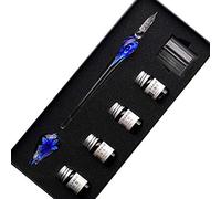 SIPLIV Handmade Crystal Glass Intarsia Dip Pen Fountain Pen Kit Calligraphy Signatures Pen with 4 Colors Ink, Pen Holder, Cleaning Cup, Dark Blue
