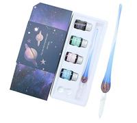 SIPLIV Handmade Glass Dip Pen Set, 3D Planet Crystal Signature Drawing Writing Calligraphy Pen, 6 Pcs Gift Set with 4 Colors Ink, 1 Pen Holder, 1 Glass Pen - Blue