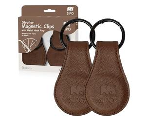 SIPO Magnetic Clips Set of 2 Brown - Universal Pram & Baby Seat Pendant | Eco Leather Metal Ring Max Load 1kg