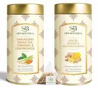 SIPS BOTANICA Lemon Ginger Tea And Darjeeling Green tea with Turmeric Lemongrass | 60 Teabags Packed in 2 Tins | Premium Quality Tea in Plant-Based Pyramid Tea Bags