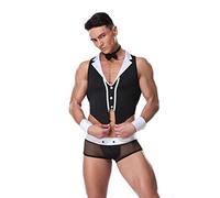 Sipumia Mens Butler Waiter Cosplay Costume Tuxedo Sexy Lingerie Set Role Play Servant Dress Uniform Gay Bar Nightclub Outfit, Black White-03, One Size
