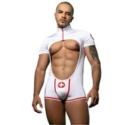 Sipumia Mens Nurse Cosplay Costume Tuxedo Sexy Lingerie Set Role Play Doctor Uniform Gay Bar Nightclub Outfit, White Red-9156, One Size