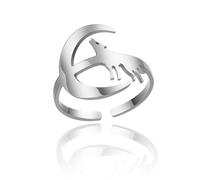 SIPURIS Moon Howling Wolf Ring Mid-night Animal Amulet Men's Fashion Romantic Open Band Jewelry for Women, Stainless Steel, No Gemstone