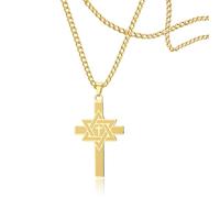 SIPURIS Star of David Cross Necklace for Men and Women Hexagram Cross Pendant Religious Christian Jewellery, 25*42 mm, Stainless Steel, No Gemstone