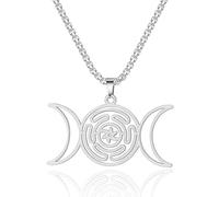 SIPURIS Triple Moon Goddess Necklace Hecate Pendant Stainless Steel Wheel of Hecate Necklace Witchcraft Goddess Symbol Magic Wiccan Pagan Jewelry Gifts for Men Women (Sliver)