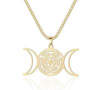 SIPURIS Triple Moon Goddess Necklace Hecate Pendant Stainless Steel Wheel of Hecate Necklace Witchcraft Goddess Symbol Magic Wiccan Pagan Jewelry Gifts for Men Women (Gold)