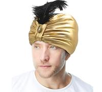 SIQITECHNO Indian Turban Golden Sultan Hat Pleated Plume Arabian Prince Headwrap Swami Hat Arabic Genie Wise Man Headwear Costume